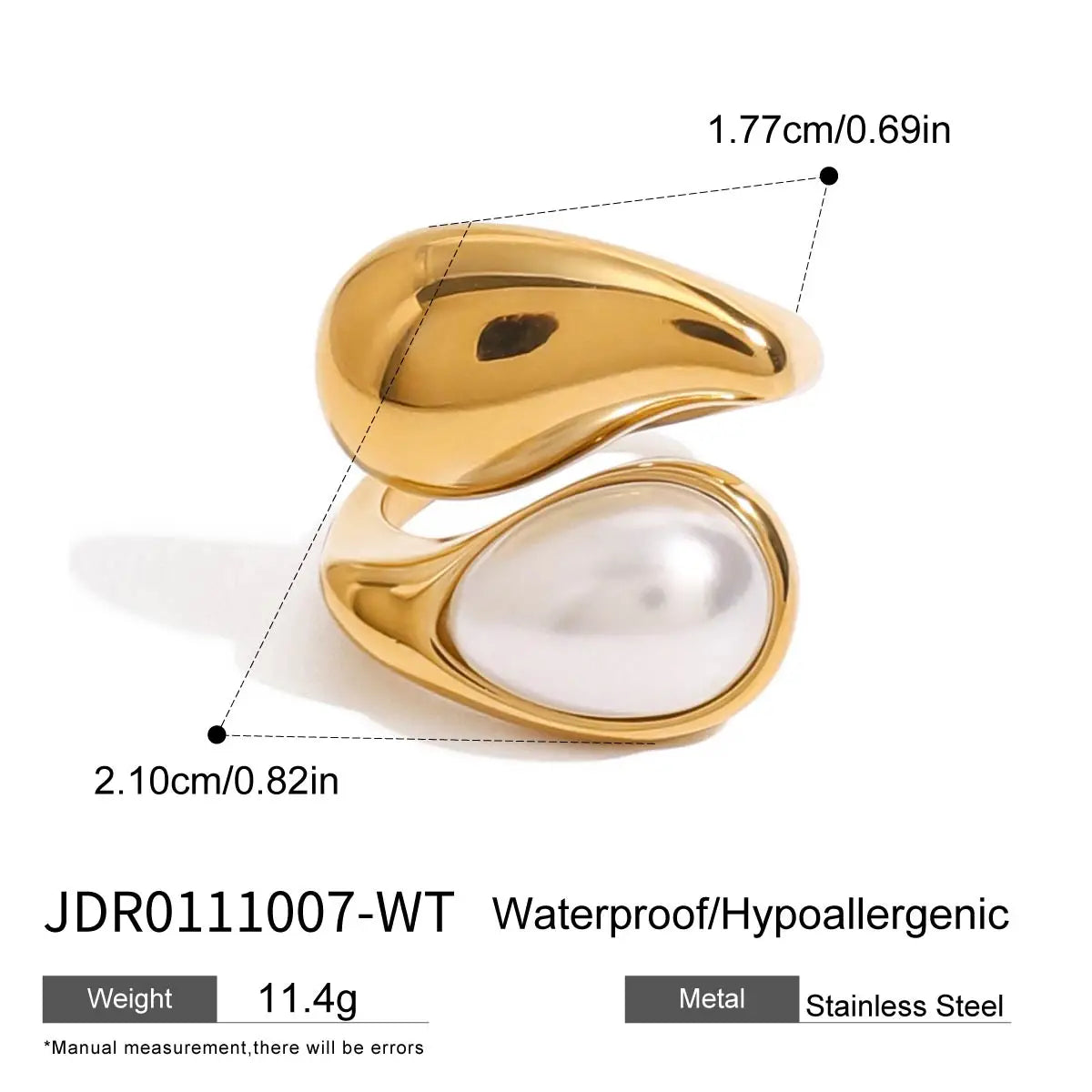 Zora Women's Fashion Elegant Pearl Open Ring 18K Gold-plated Stainless Steel Ring Jewelry for Party Vacation