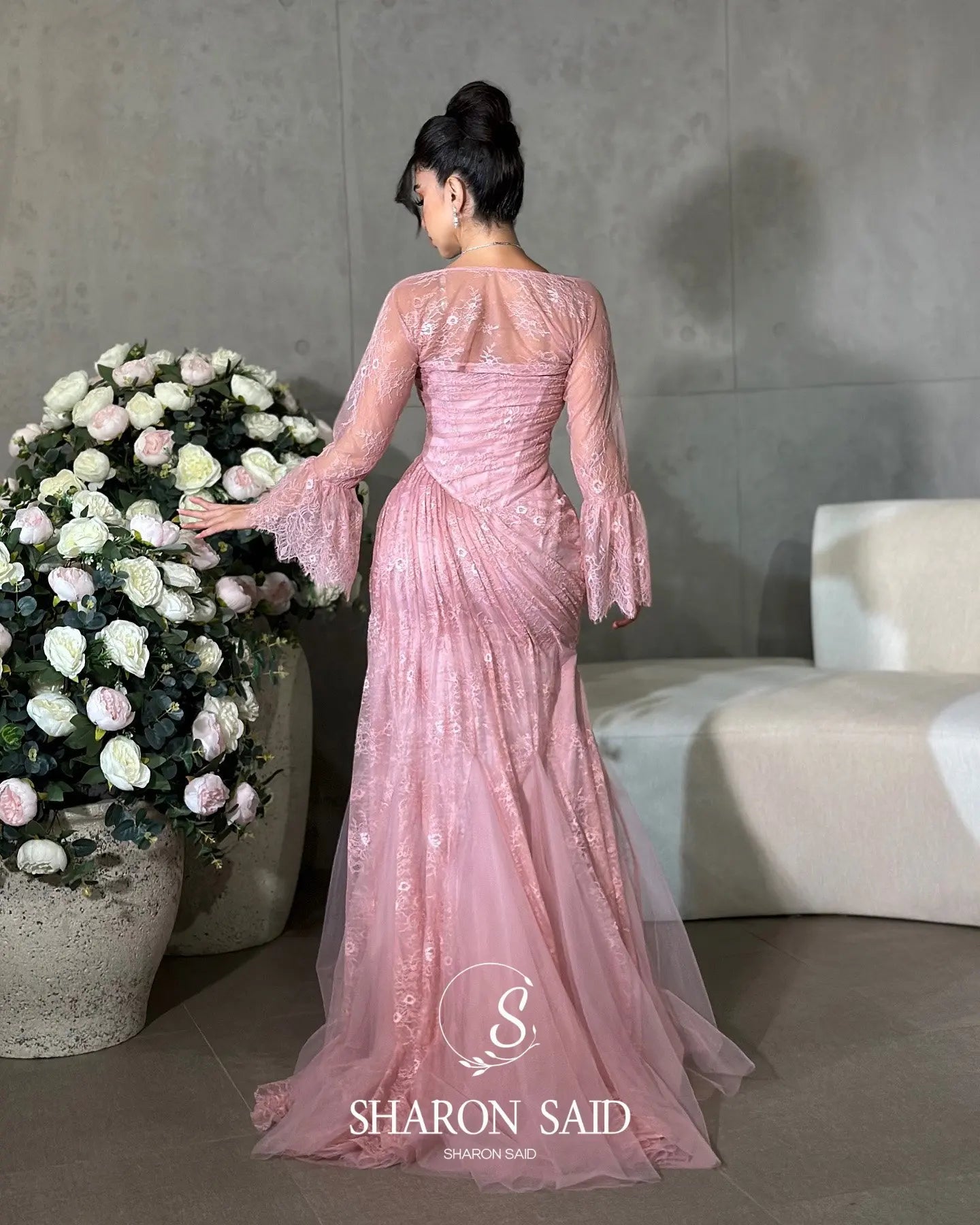 Sharon Said Pink Strapless Lace Evening Dress with Jacket Full Sleeves for Women Wedding Party Formal Gown SF304 Customized