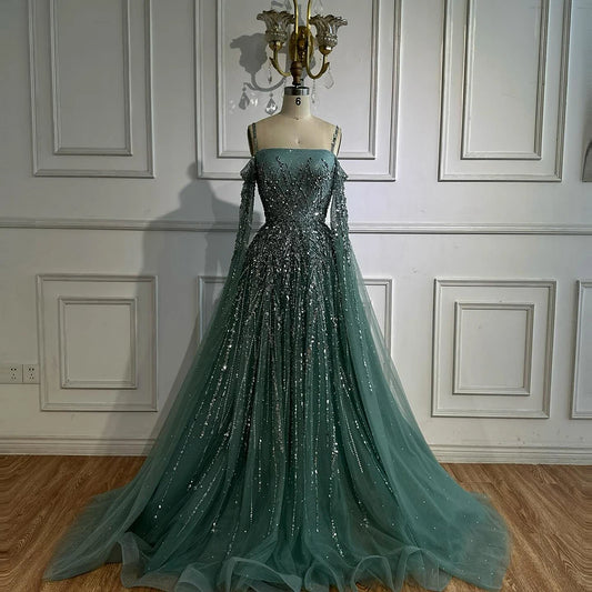 Turquoise Saudi A Line Luxury Evening Dress with Long Sleeves Cape for Formal Occasion Serene Hill 2025 LA72957 Customized