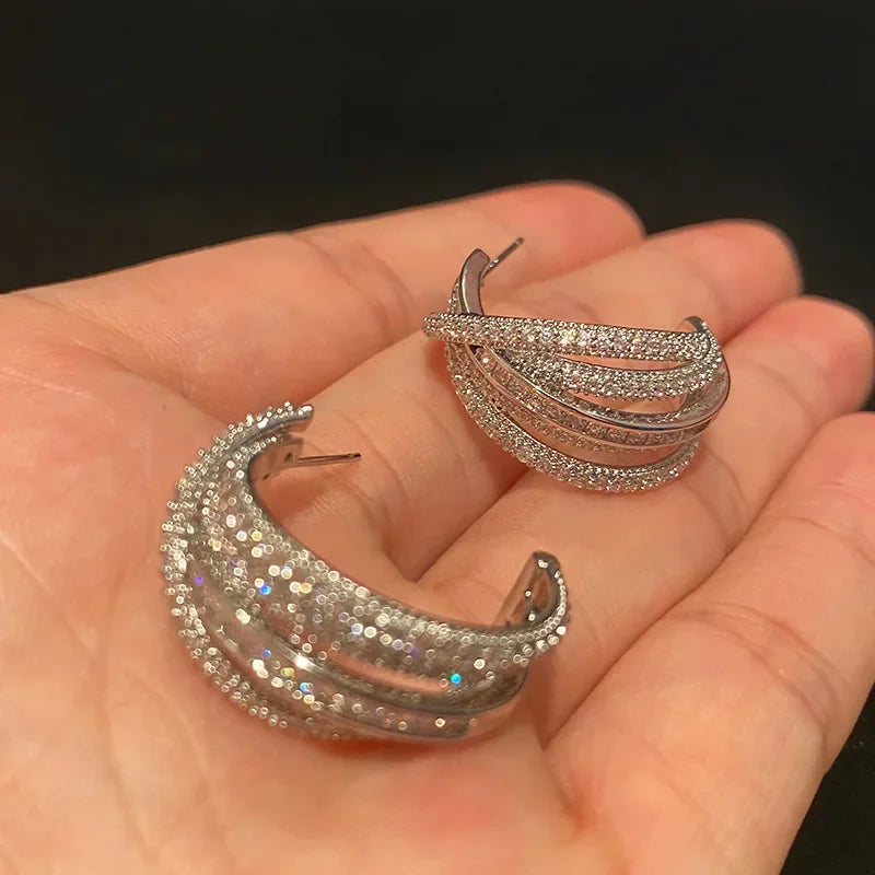 Huitan Novel Brilliant Hoop Earrings with Cubic Zirconia Versatile Female Ear Accessories Luxury Attractive Wedding Jewelry Gift