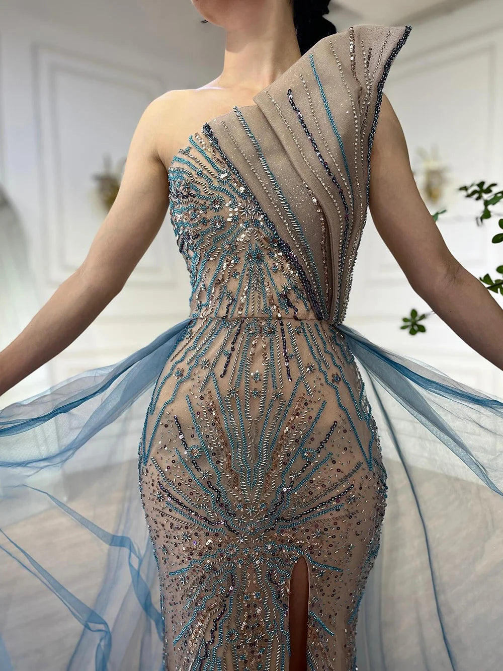 Serene Hill Blue High Split With Overskirt Mermaid  Beaded Dubai Evening Dresses For Party 2025 LA71921A Customized