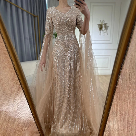 Serene Hill Customized 2025 Caramel A-Line Beaded Saudi Arabic Evening Dress with Cape Sleeves for Wedding Party LA72798