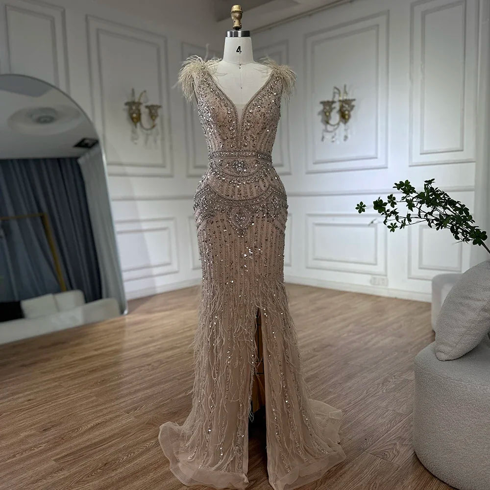 Serene Hill 2025 Arabic Blue Split Mermaid Beaded Feathers Long Evening Dresses Gowns For Occasion LA72742 Customized