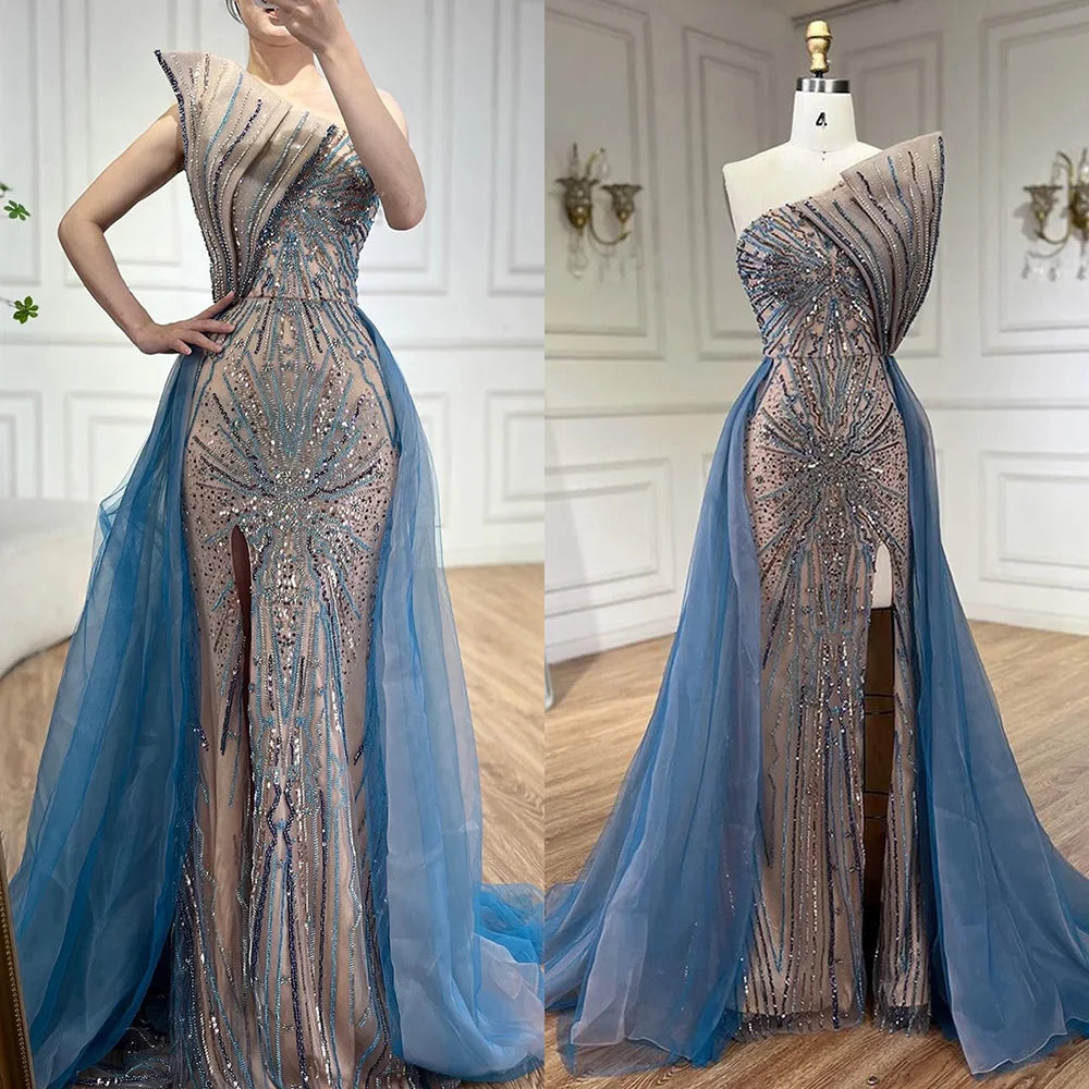 Serene Hill Blue High Split With Overskirt Mermaid  Beaded Dubai Evening Dresses For Party 2025 LA71921A Customized