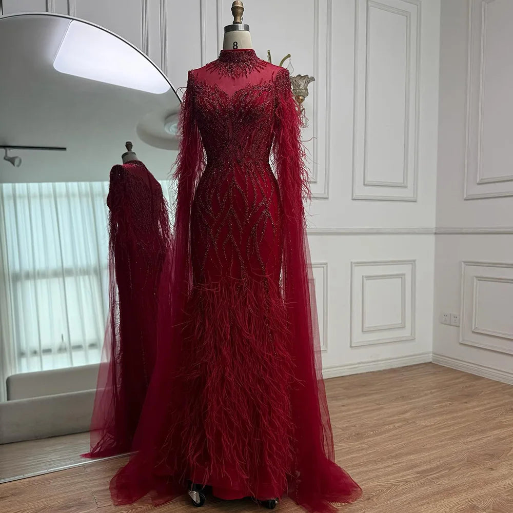 Nude Feather Evening Dress for Women High Neck Cape Sleeve Luxury Beaded Formal Gown Serene Hill 2025 Customized LA71885C