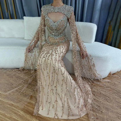 Serene Hill 2025 Nude Mermaid Evening Dress with Beaded Removable Cape Sleeves Gown for Formal Occasion LA72539 Customized