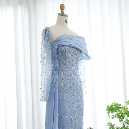 Sharon Said Nude Luxury Crystal Mermaid Evening Dress with Overskirt Long Sleeve Dubai Wedding Formal Prom Gown SS256 Customized