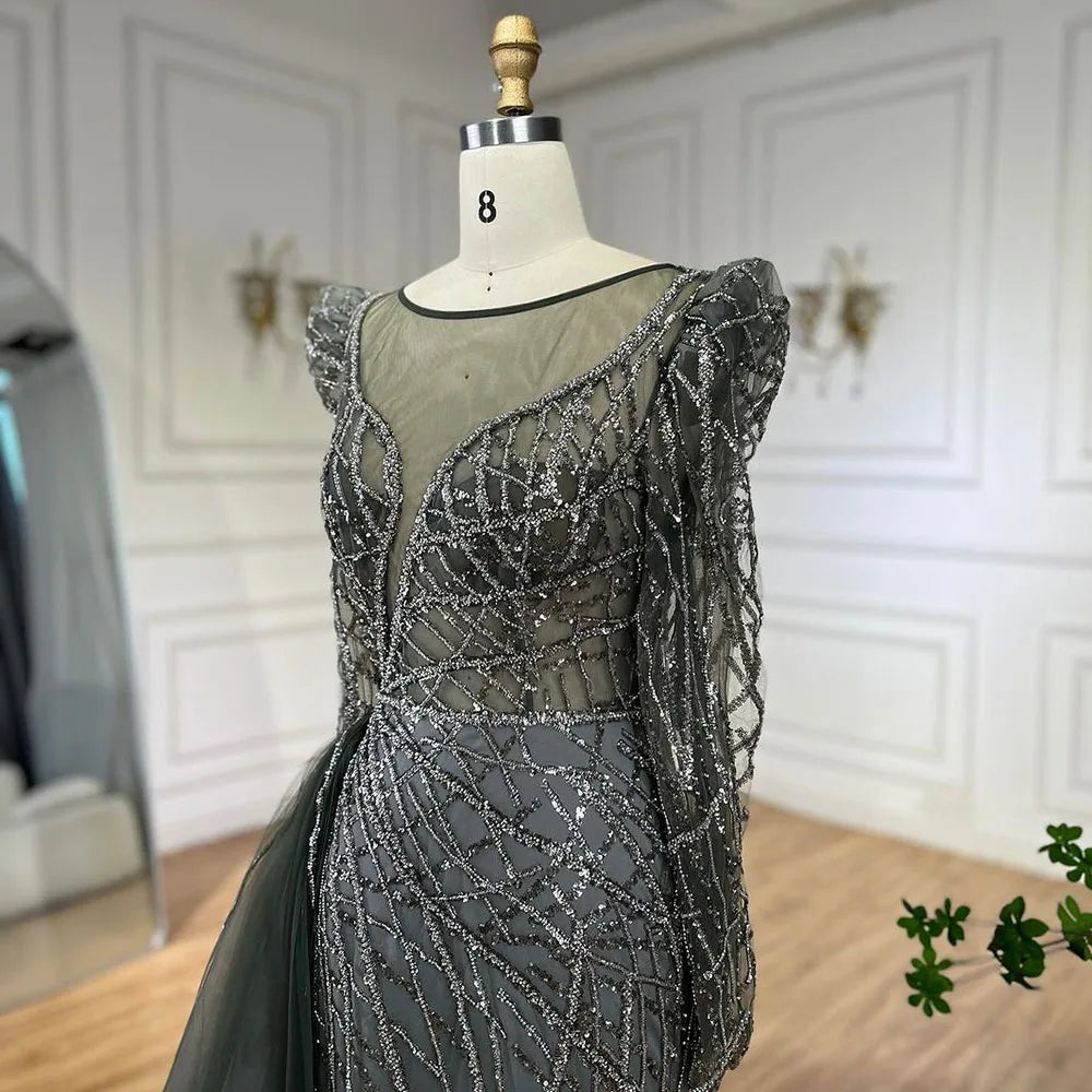 Serene Hill Muslim Gold Mermaid Beaded  Dubai Evening Dresses Gowns With Overskirt 2025 For  Party LA72206 Customized