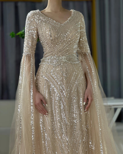 Serene Hill Customized 2025 Caramel A-Line Beaded Saudi Arabic Evening Dress with Cape Sleeves for Wedding Party LA72798