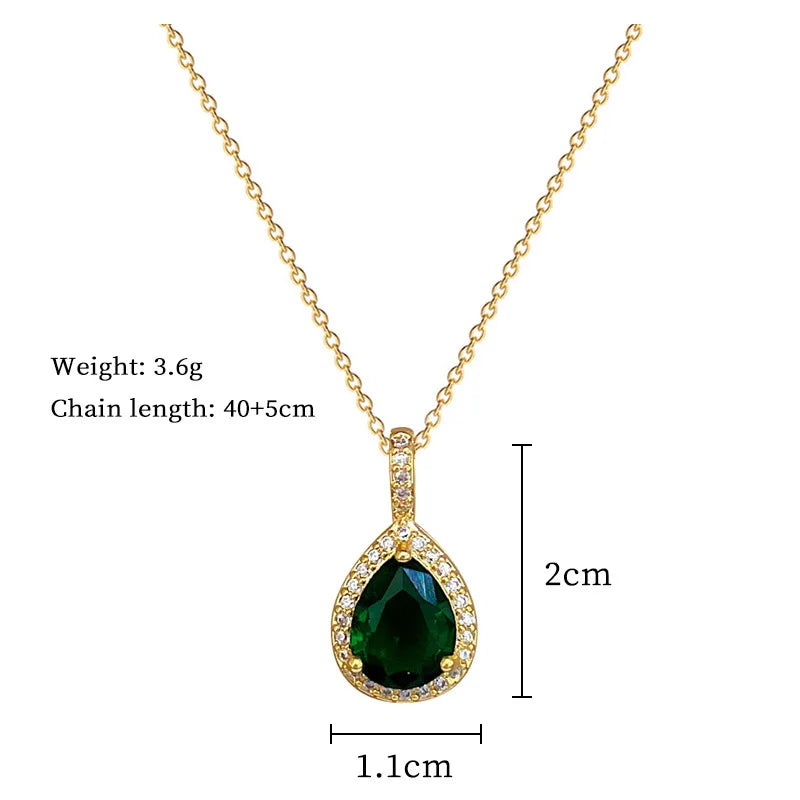 DIEYURO 316L Stainless Steel Steell Green Water Droplet Inlay Zircon Pendant Necklace Earrings Set Girl New Trend Jewelry Gift