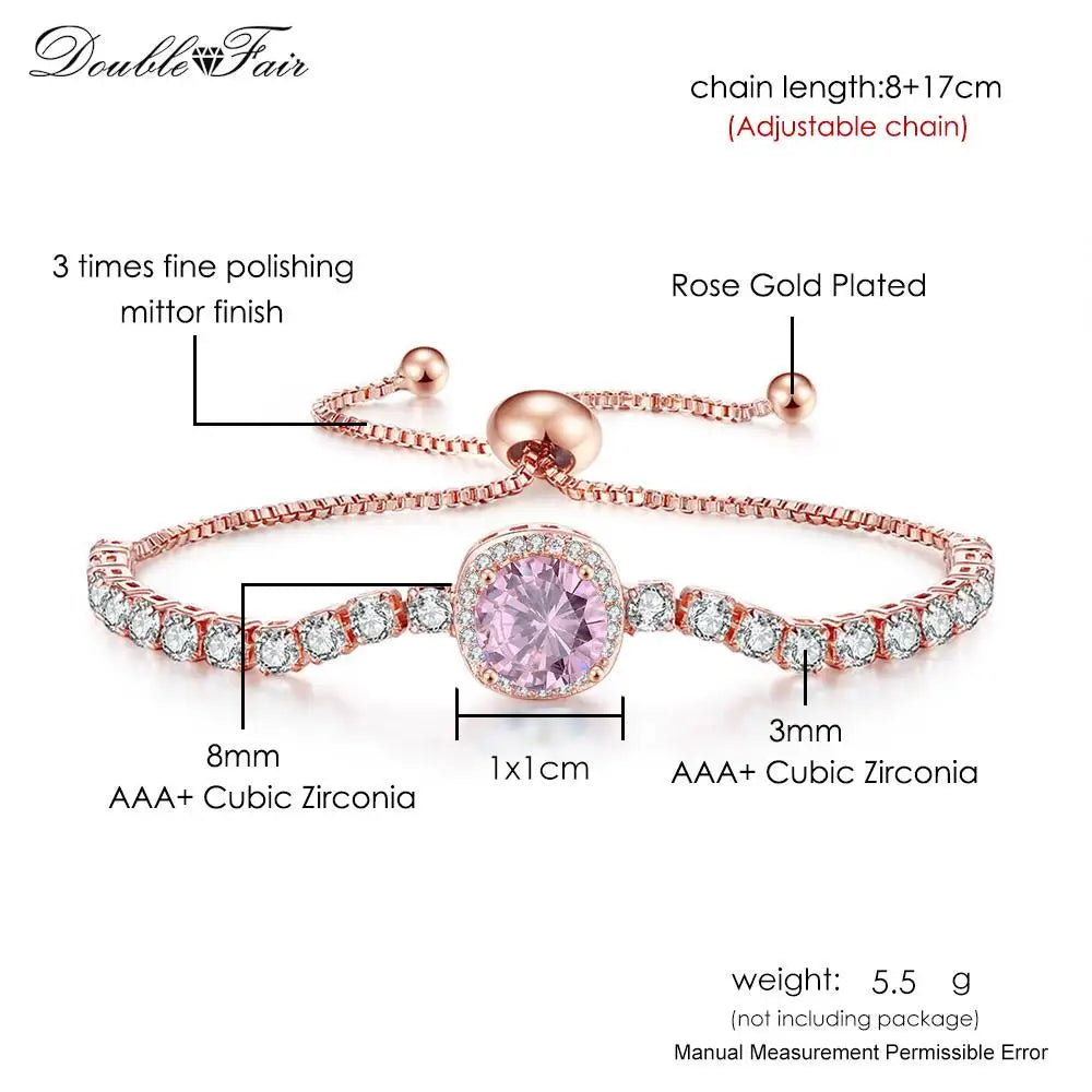 Romantic Pink Crystal Tennis Bracelets for Female Women Trend Shiny Zirconia Adjustable Folding Buckle Chain on Hand Jewelry