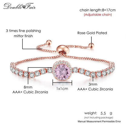 Romantic Pink Crystal Tennis Bracelets for Female Women Trend Shiny Zirconia Adjustable Folding Buckle Chain on Hand Jewelry
