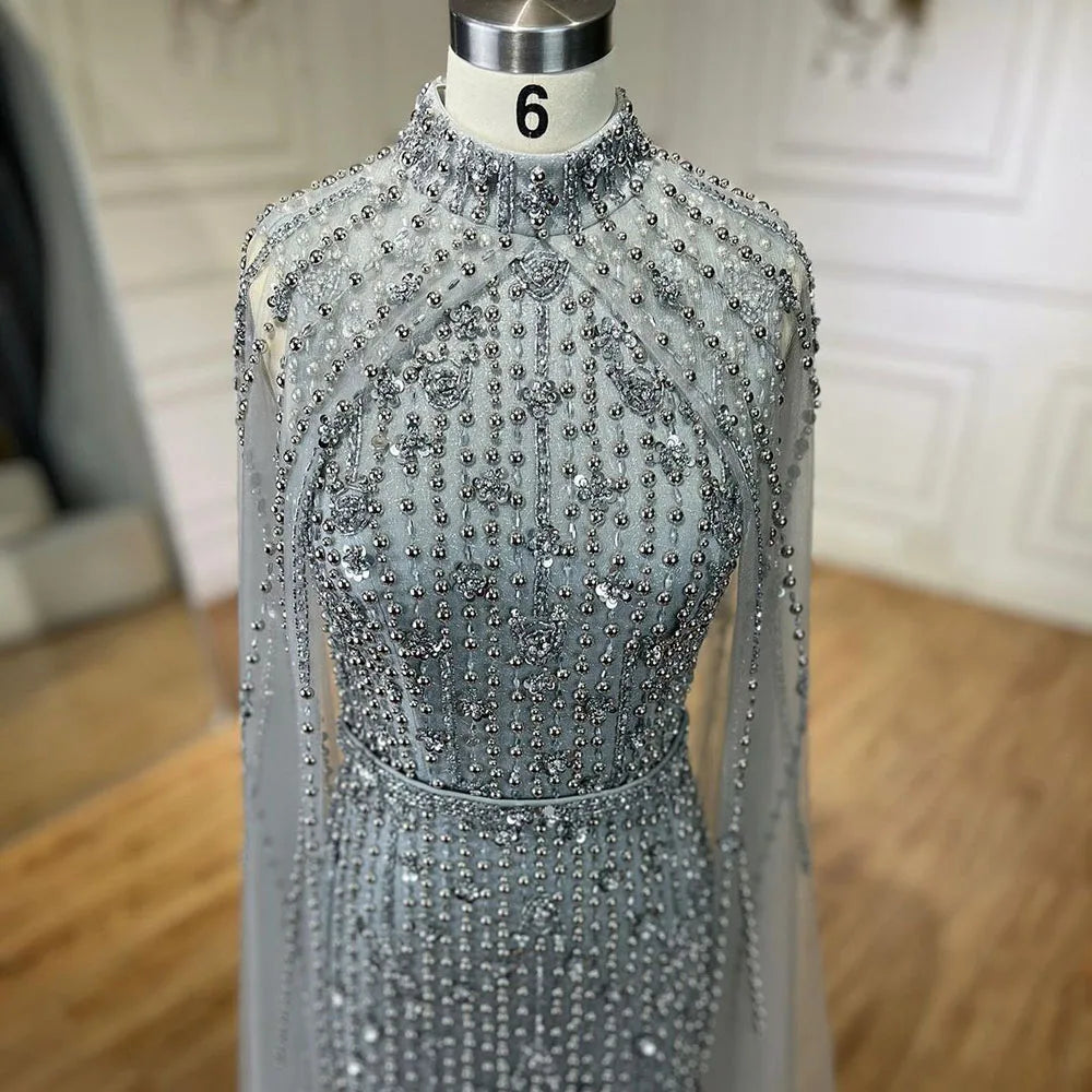 Muslim Nude Mermaid Cape Sleeves Pearls Beaded Luxury Dubai Evening Dresses Gowns 2025 Wedding Party LA72372 Customized