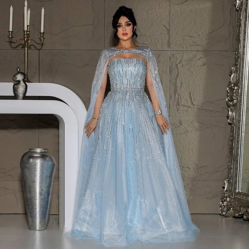 Serene Hill 2025 Arabic Blue Cape  A-Line Beaded Evening Dresses Long Celebrity Gowns  LA72427 Customized