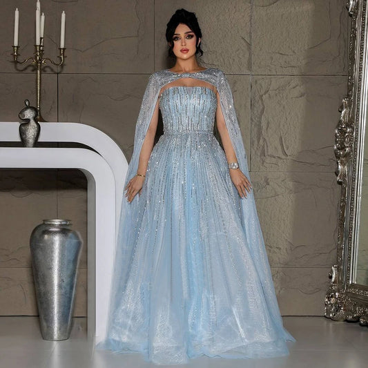 Serene Hill 2025 Arabic Blue Cape  A-Line Beaded Evening Dresses Long Celebrity Gowns  LA72427 Customized