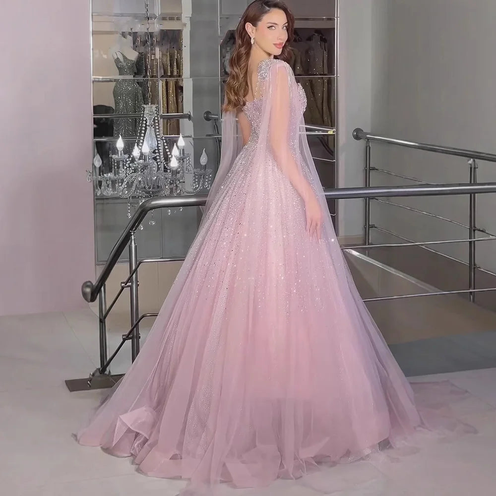 Luxury Pink Tulle Beaded A-Line Evening Dress with Cape Sleeves for Women Prom Serene Hill 2025 Customized Gown LA73072