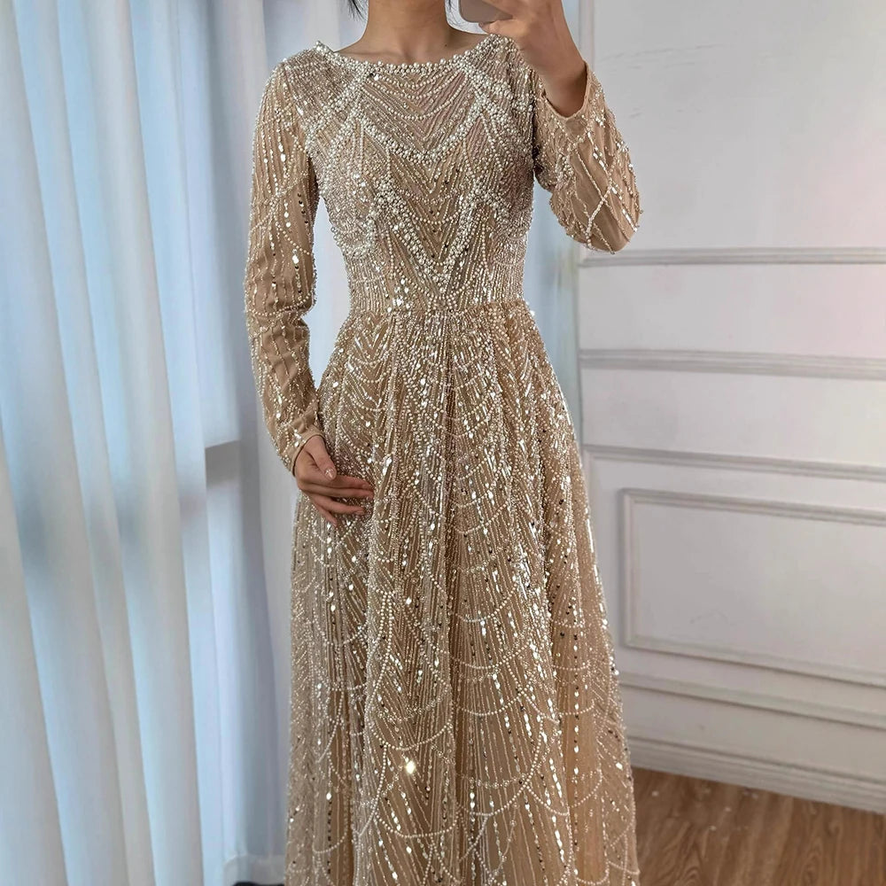 Luxury Olive Green Long Sleeve Beaded A Line Evening Gown for Wedding Party Prom Serene Hill 2025 Customized LA72738B Plus Size