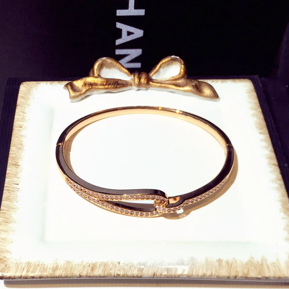 14k Real Gold Trend Fashion Simple Micro Inlaid Zircon Word Lady Bracelets for Women Temperament Exquisite Luxury Bangle Jewelry