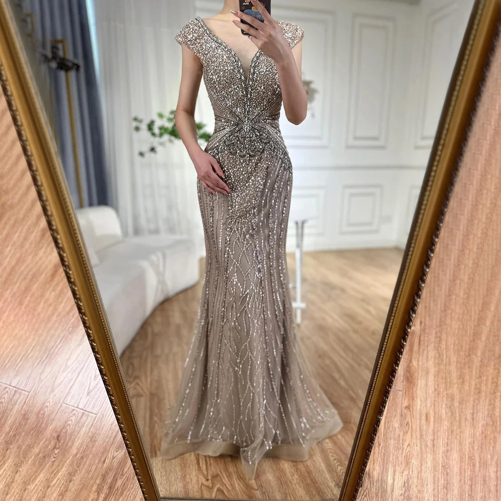 Customized Dubai Caramel Elegant Sleeveles Mermaid Beaded Arabic Evening Dresses Gowns For Women Wedding Party 2025 LA72456