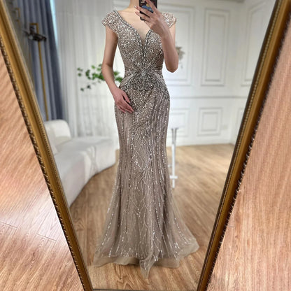 Customized Dubai Caramel Elegant Sleeveles Mermaid Beaded Arabic Evening Dresses Gowns For Women Wedding Party 2025 LA72456