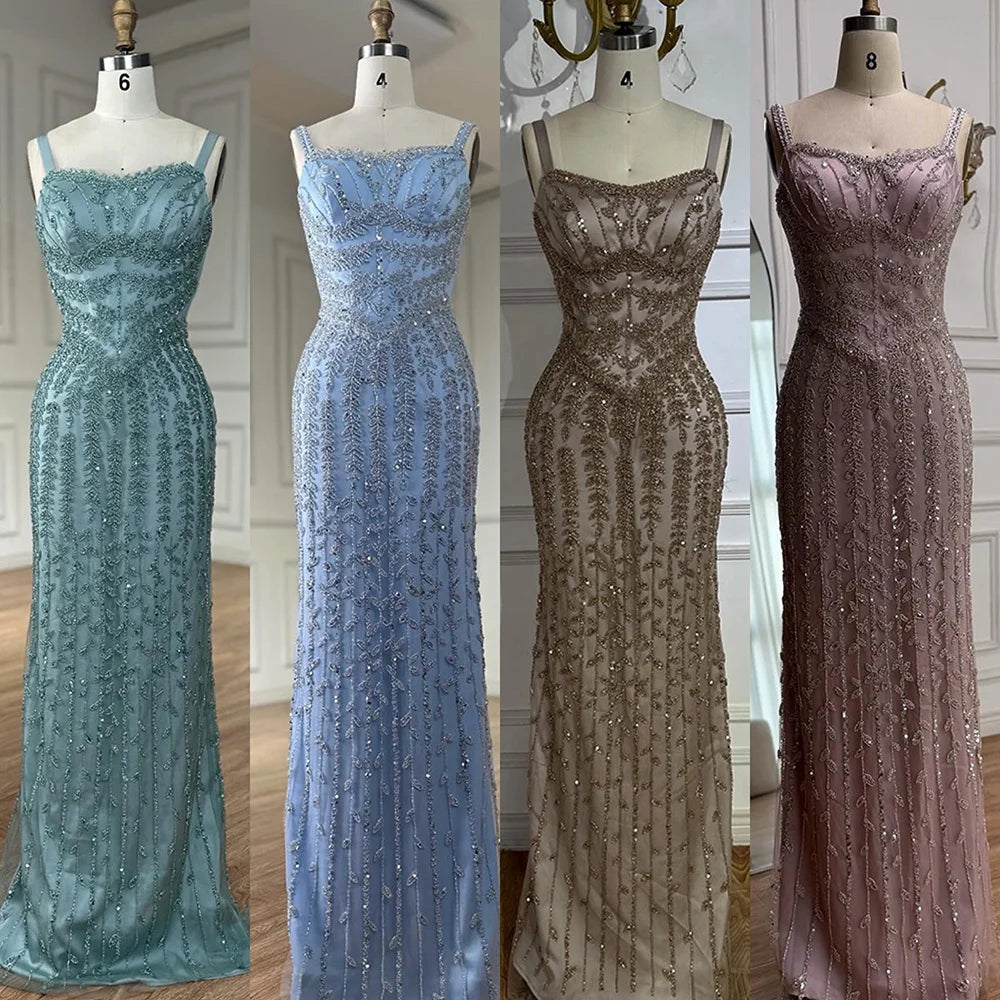 Luxury Arabic Blue Beaded Spaghetti Strap Pink Mermaid Evening Dress for Women Party Serene Hill 2025 Customized LA72725