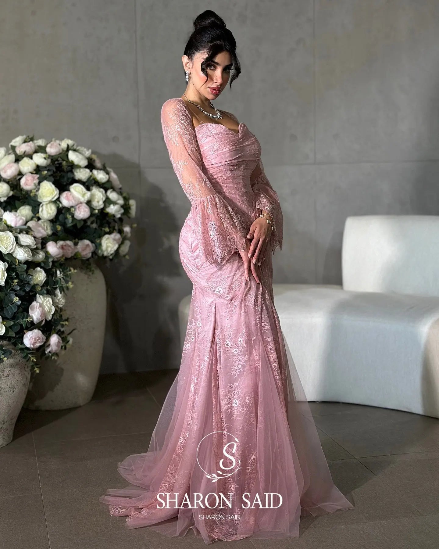 Sharon Said Pink Strapless Lace Evening Dress with Jacket Full Sleeves for Women Wedding Party Formal Gown SF304 Customized