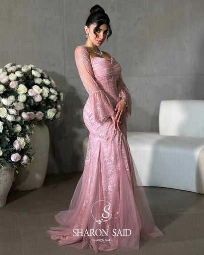 Sharon Said Pink Strapless Lace Evening Dress with Jacket Full Sleeves for Women Wedding Party Formal Gown SF304 Customized