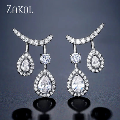 ZAKOL Personality Cubic Zirconia Double Drop Dangle Earrings for Women Wedding Dinner Anniversary Birthday Gift Jewelry FSEP2388