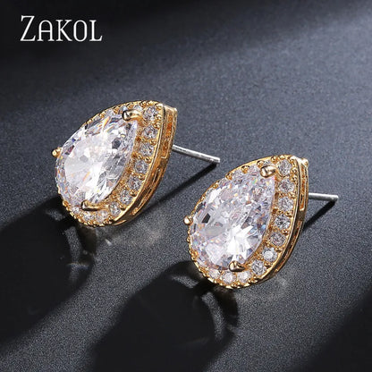 ZAKOL Classic Silver Color Water Drop Cubic Zircon Stud Earrings for Women Crystal Bridal Wedding Party Jewelry Aretes