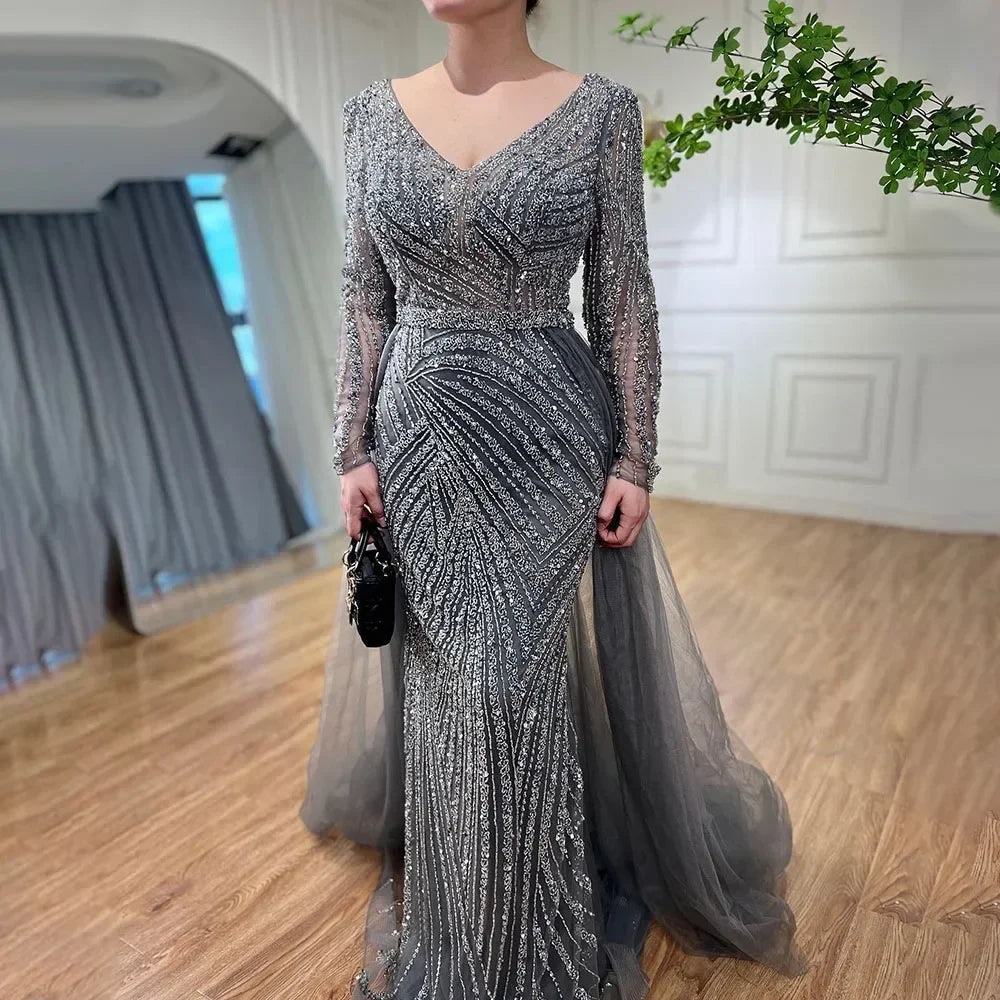 Serene Hill  Mermaid Beaded  Blue Muslim  Evening Dresses Gowns  with Detachable Skirt 2025  LA71750 Customized