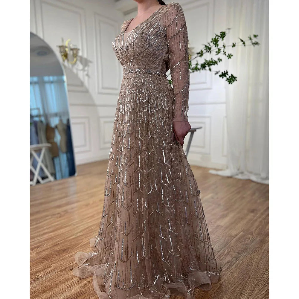 Serene Hill Muslim Designer  Caramel A Line Elegant Beaded Evening Dresses Gowns For Party 2025 LA71940 Customized