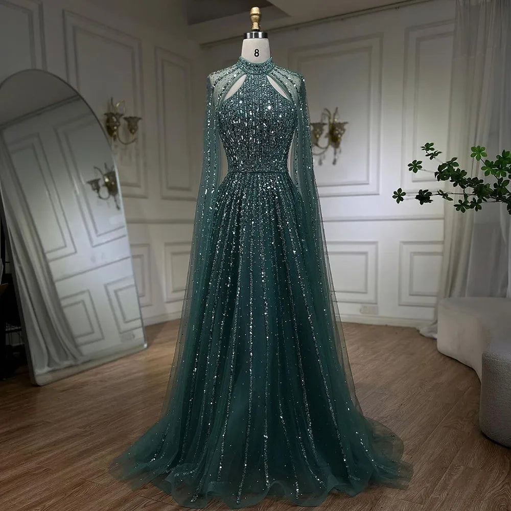 Serene Hill Arabic Turquoise A Line Cape Sleeve Beaded   Evening Dresses Gowns For Occasion 2025 LA72306A Customized