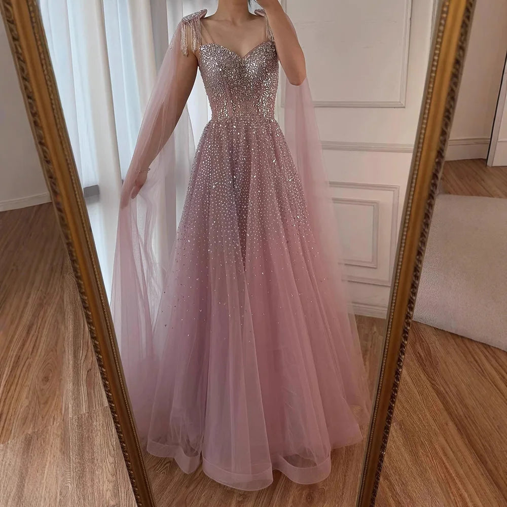 Luxury Pink Tulle Beaded A-Line Evening Dress with Cape Sleeves for Women Prom Serene Hill 2025 Customized Gown LA73072