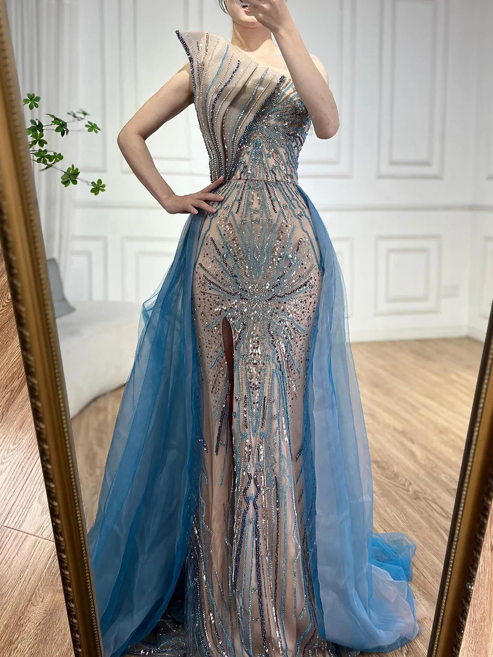 Serene Hill Blue High Split With Overskirt Mermaid  Beaded Dubai Evening Dresses For Party 2025 LA71921A Customized