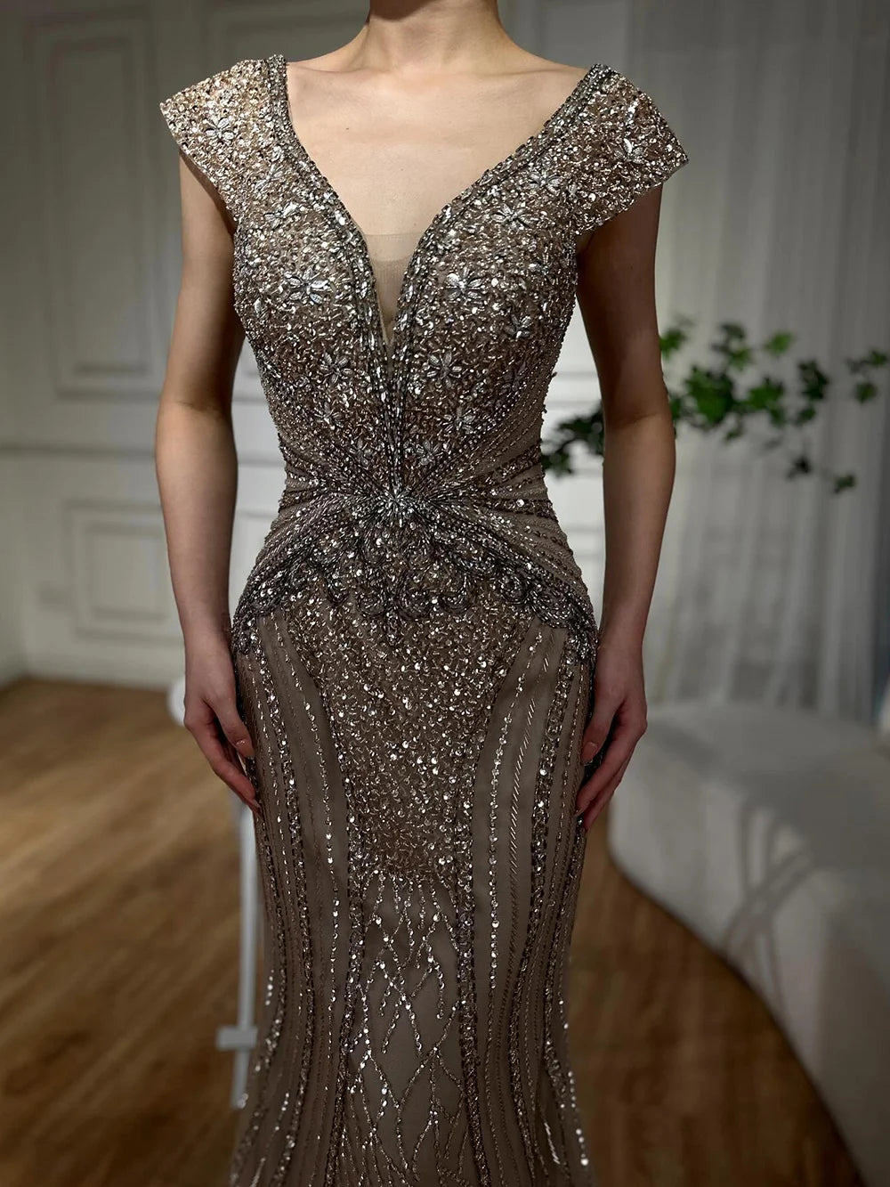 Customized Dubai Caramel Elegant Sleeveles Mermaid Beaded Arabic Evening Dresses Gowns For Women Wedding Party 2025 LA72456