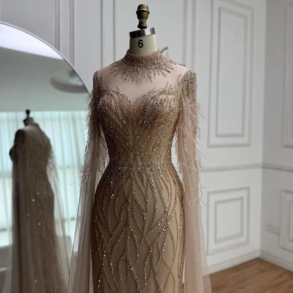 Nude Feather Evening Dress for Women High Neck Cape Sleeve Luxury Beaded Formal Gown Serene Hill 2025 Customized LA71885C