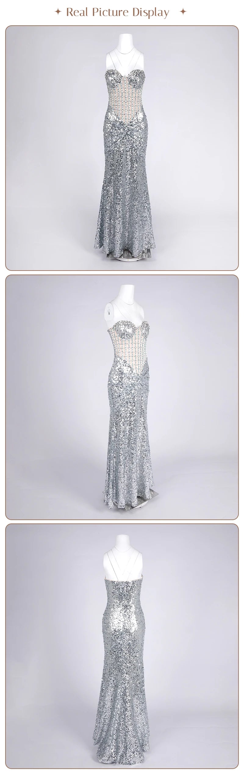 VC Glamorous Silver Sequin Sleeveless Strapless Mermaid Dress for Galas Party Wedding Evening Gown
