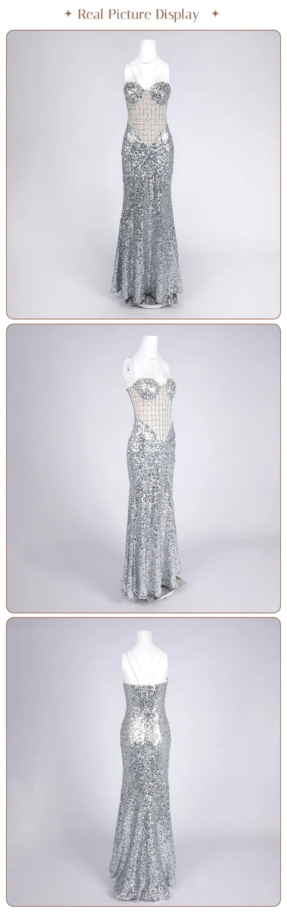VC Glamorous Silver Sequin Sleeveless Strapless Mermaid Dress for Galas Party Wedding Evening Gown