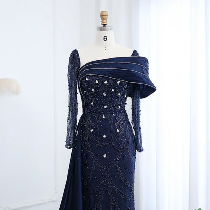 Sharon Said Nude Luxury Crystal Mermaid Evening Dress with Overskirt Long Sleeve Dubai Wedding Formal Prom Gown SS256 Customized