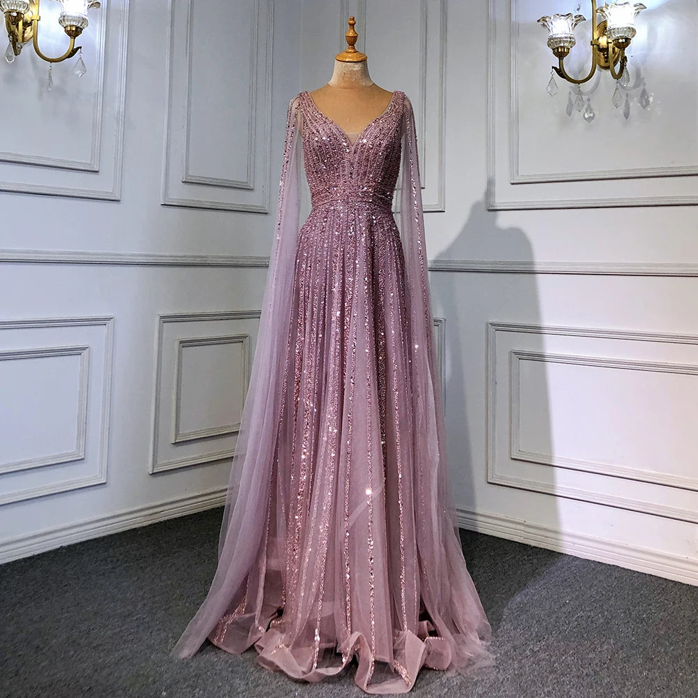 Nude Arabic Luxury Cape Sleeves Evening Dresses Gowns A-Line Beaded 2025 For Party LA71567 Customized