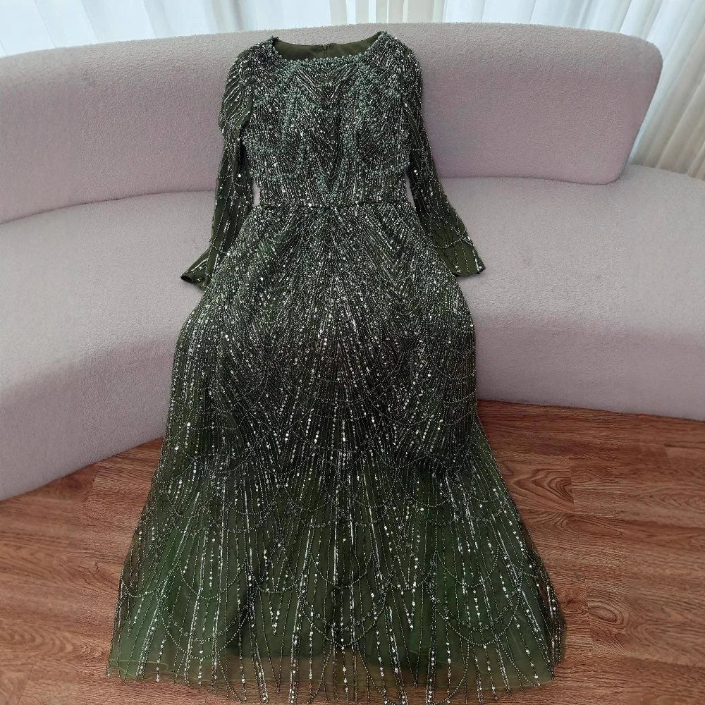 Luxury Olive Green Long Sleeve Beaded A Line Evening Gown for Wedding Party Prom Serene Hill 2025 Customized LA72738B Plus Size