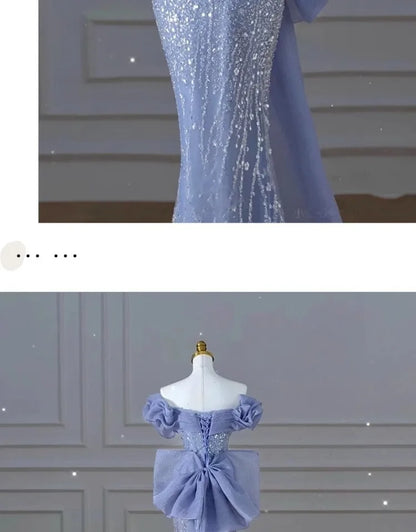 Woman's Dress High Dress Off-Shoulder Blue Evening Dress Light Luxury Niche Mermaid Sequin Host Elegant Party Dress