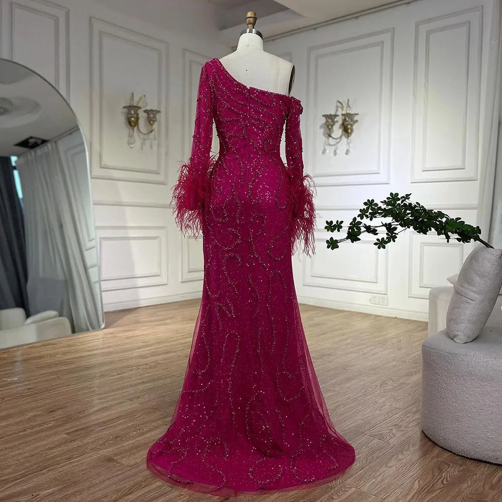 Serene Hill Blue Mermaid Elegant One-Shoulder Beaded Feathers  Evening Dress Gown for 's Wedding Party 2025 LA72395 Customized
