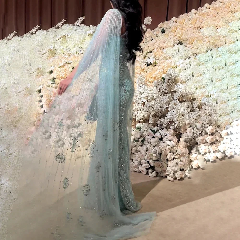 Luxury Mermaid Cape Sleeves Evening Dress Elegant Blue Beaded Crystal Tulle Prom Gowns Floor Length Party vestido For Women