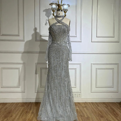 Serene Hill Arabic Gray Decorative Halter Mermaid Evening Dresses Beaded Dress For Formal Occasion LA72651 Customized 2025
