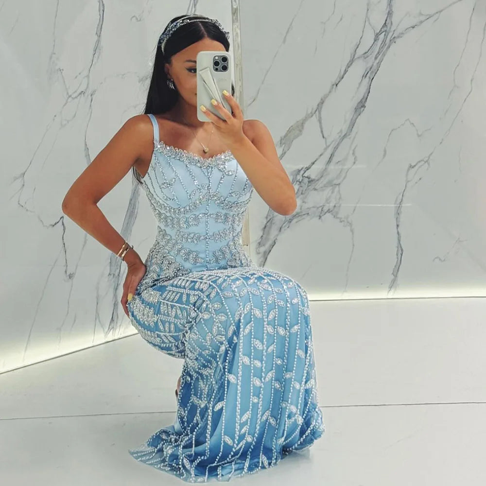 Luxury Arabic Blue Beaded Spaghetti Strap Pink Mermaid Evening Dress for Women Party Serene Hill 2025 Customized LA72725
