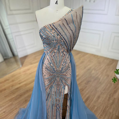 Serene Hill Blue High Split With Overskirt Mermaid  Beaded Dubai Evening Dresses For Party 2025 LA71921A Customized
