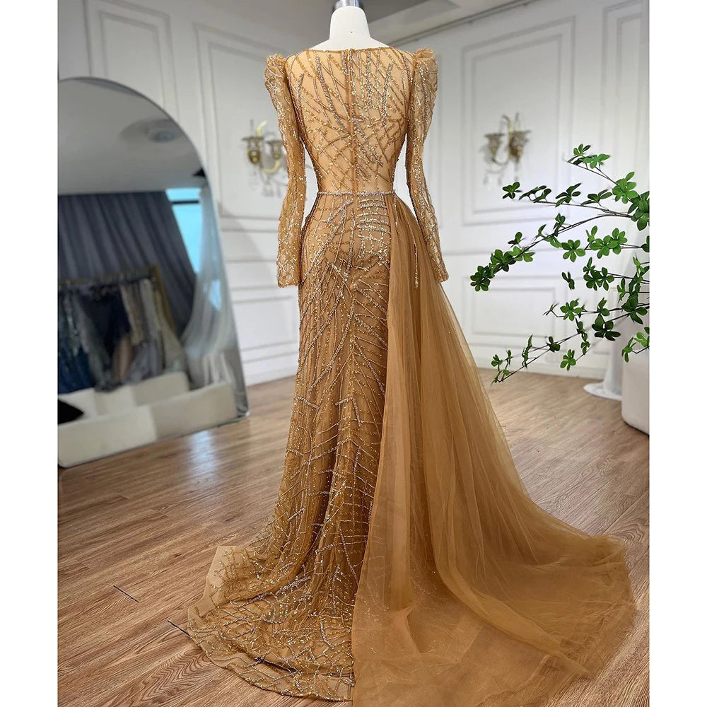 Serene Hill Muslim Gold Mermaid Beaded  Dubai Evening Dresses Gowns With Overskirt 2025 For  Party LA72206 Customized