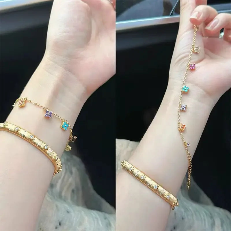 French Style Retro Dopamine Clover Design Necklaces   Colorful Zircon Earrings Clavicle Chain Bracelets Jewelry Sets For Women