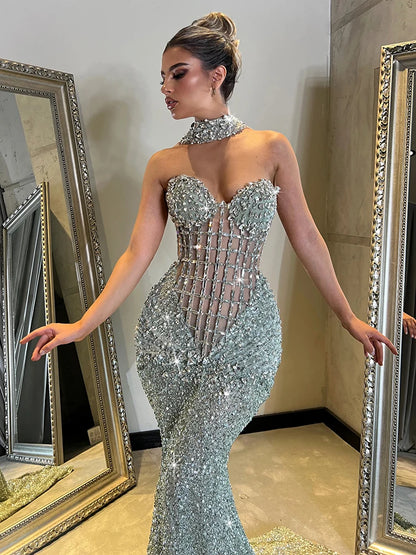 VC Glamorous Silver Sequin Sleeveless Strapless Mermaid Dress for Galas Party Wedding Evening Gown